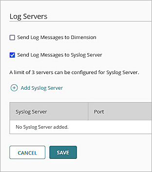 Screenshot of the Log Servers page with the Send Log Messages to Syslog Server check box enabled.